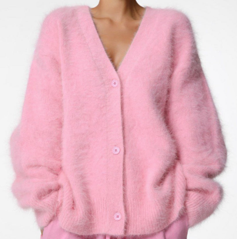 Gilet ample en maille à col V, coloris rose, vue de face