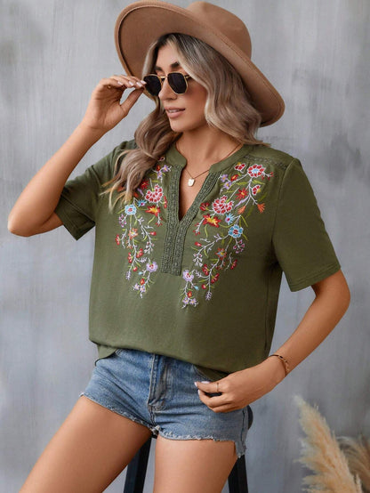Blouse à broderies fleuries — kaki
