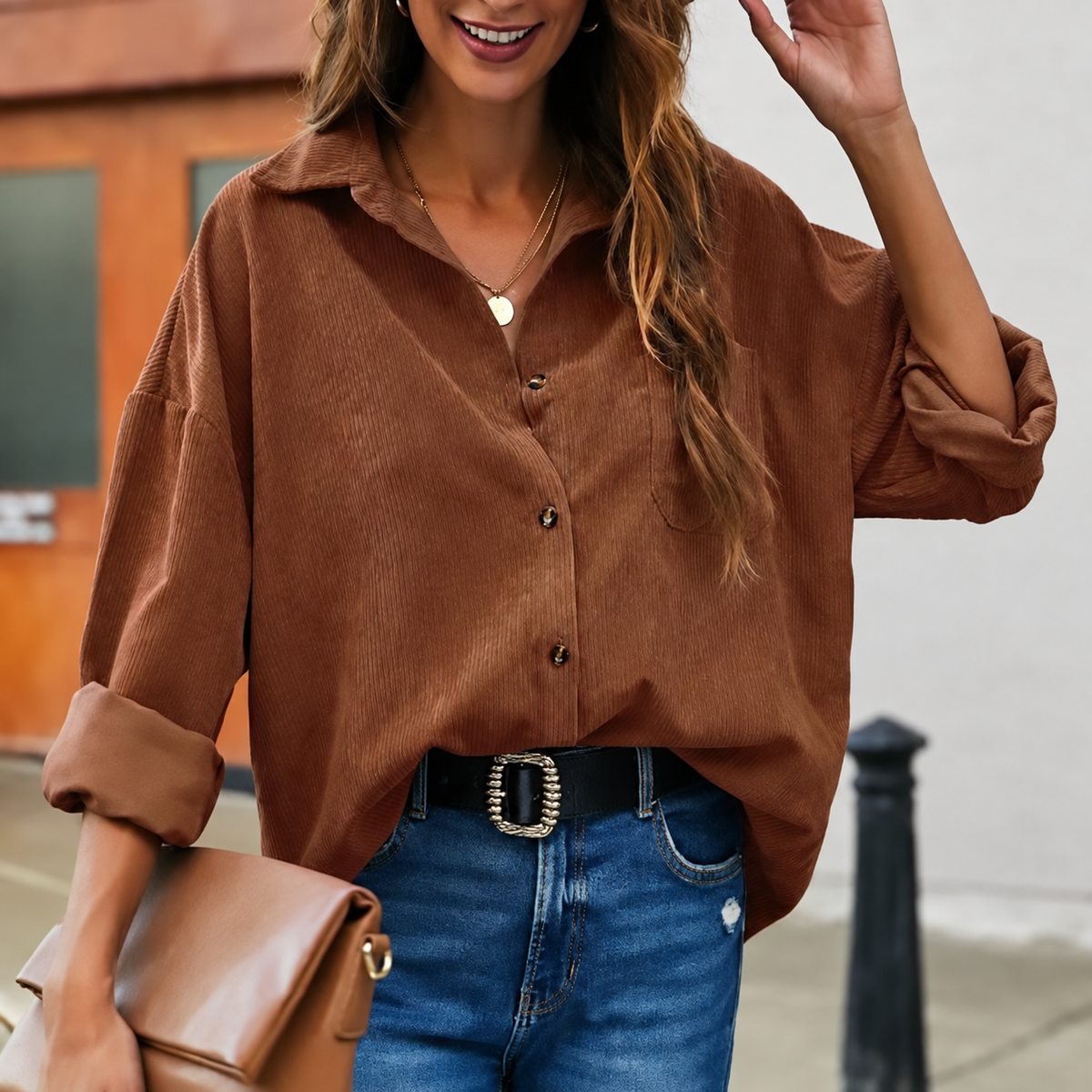 Chemise ample texturée — marron