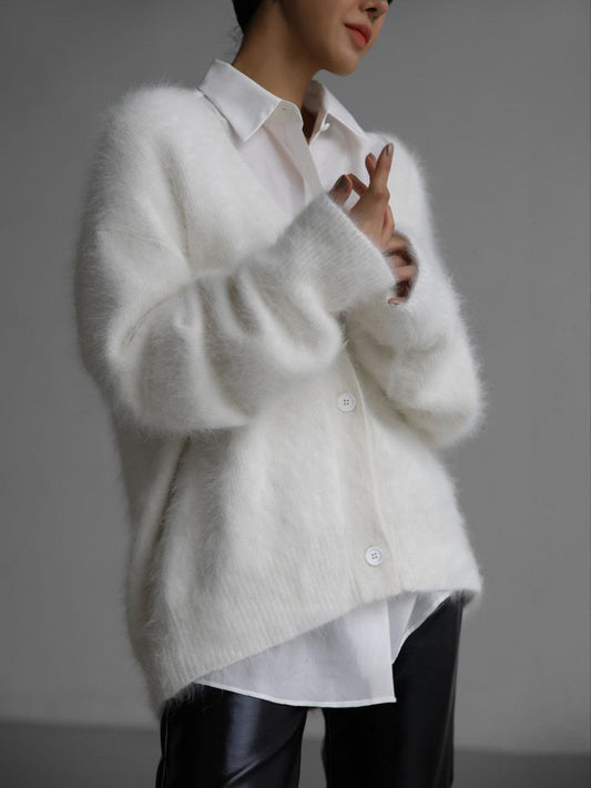 Gilet ample en maille à col V, coloris blanc, vue de face