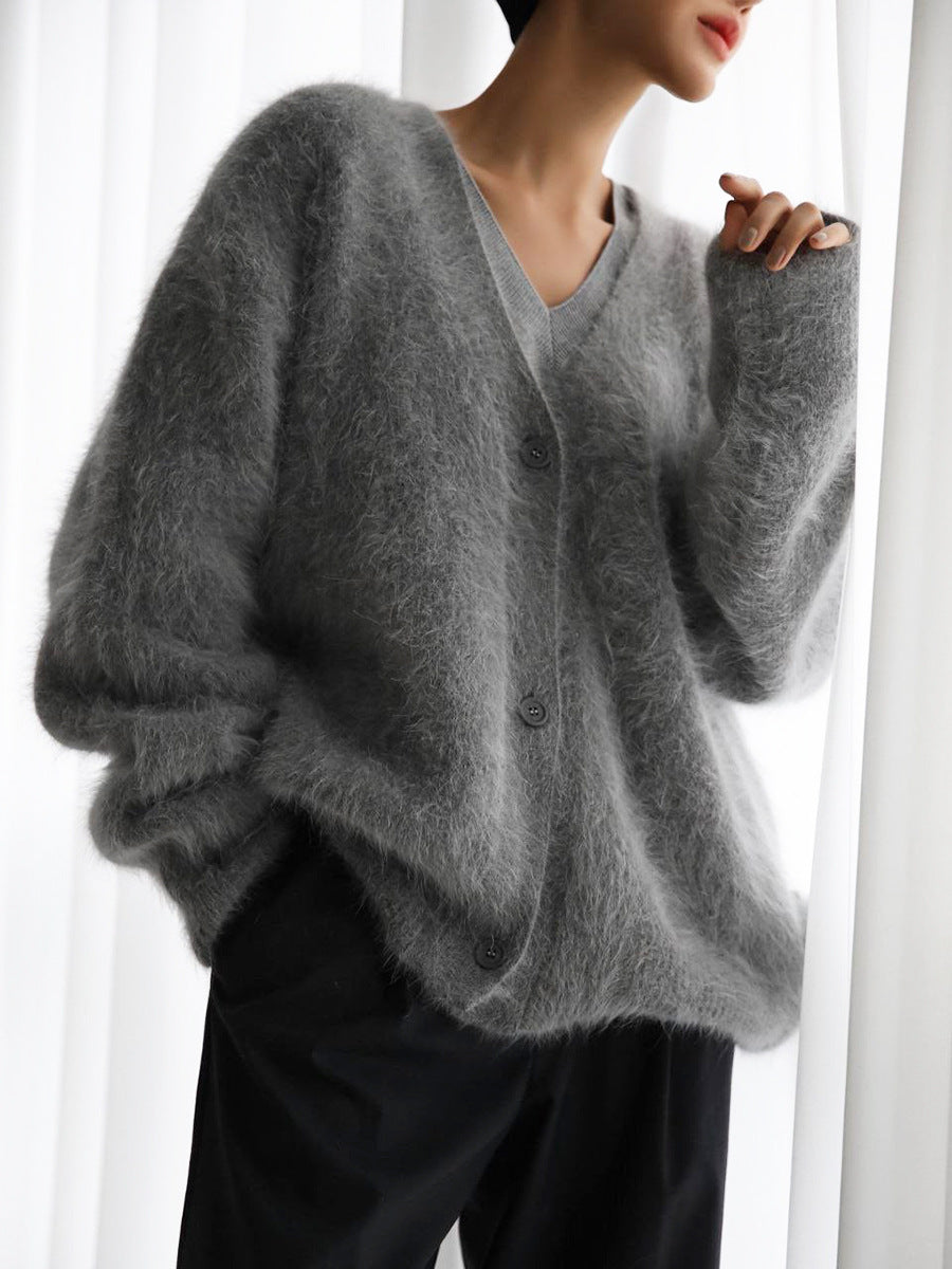 Gilet ample en maille à col V, coloris gris foncé, vue de face