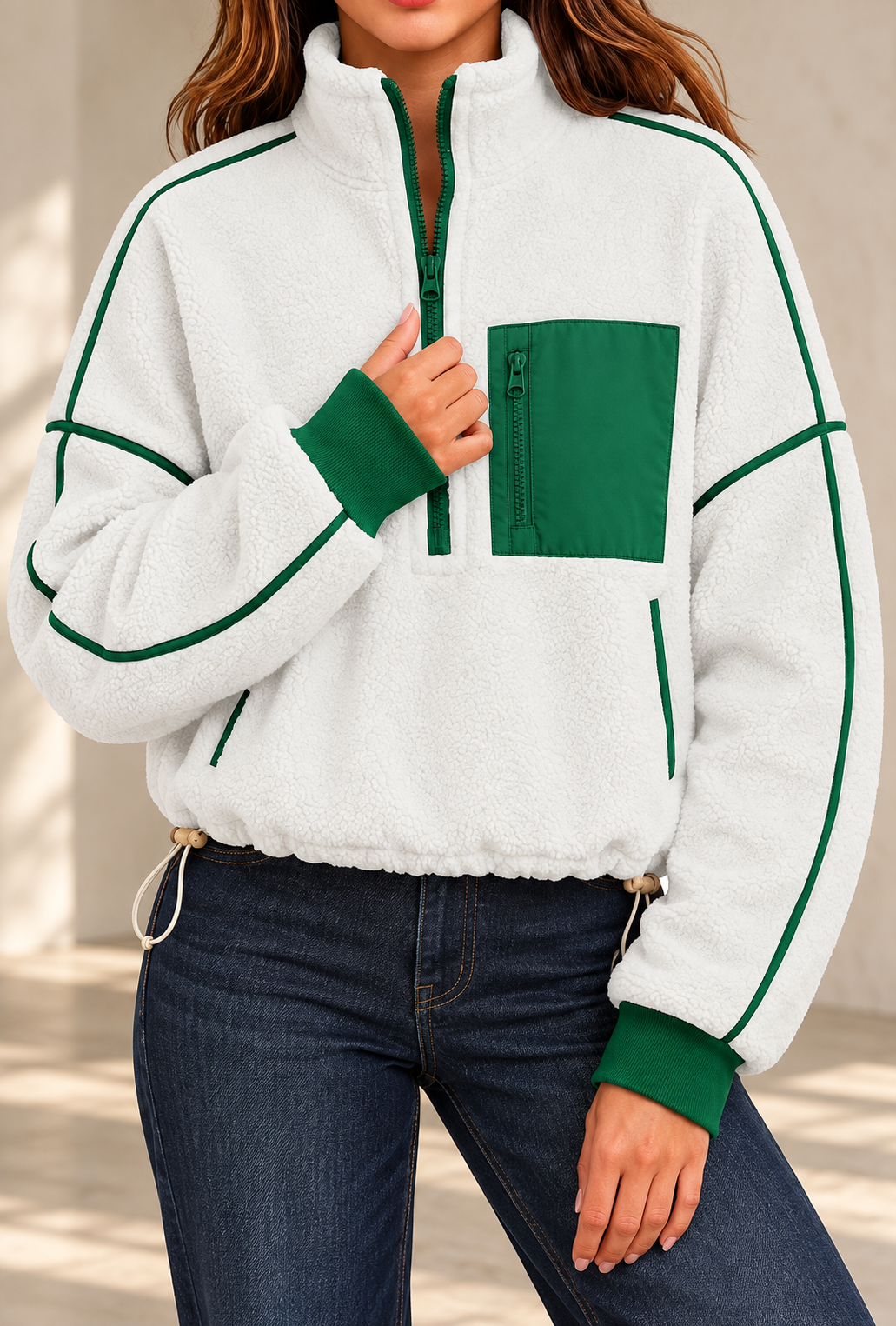 Sweat polaire blanc et vert porté de face